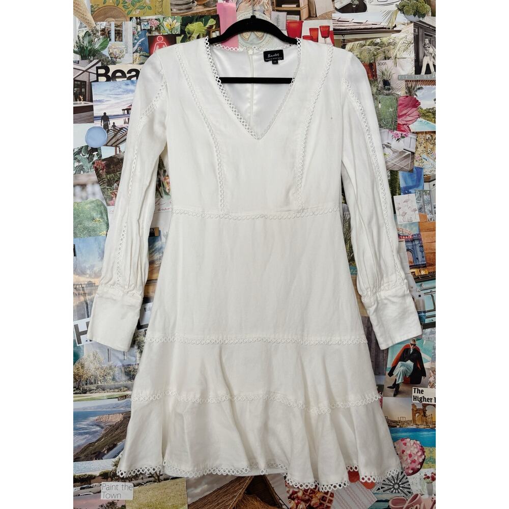 White Bardot Crochet V-Neck Mini Dress with Flounce Hem US 6 - Picture 2 of 10